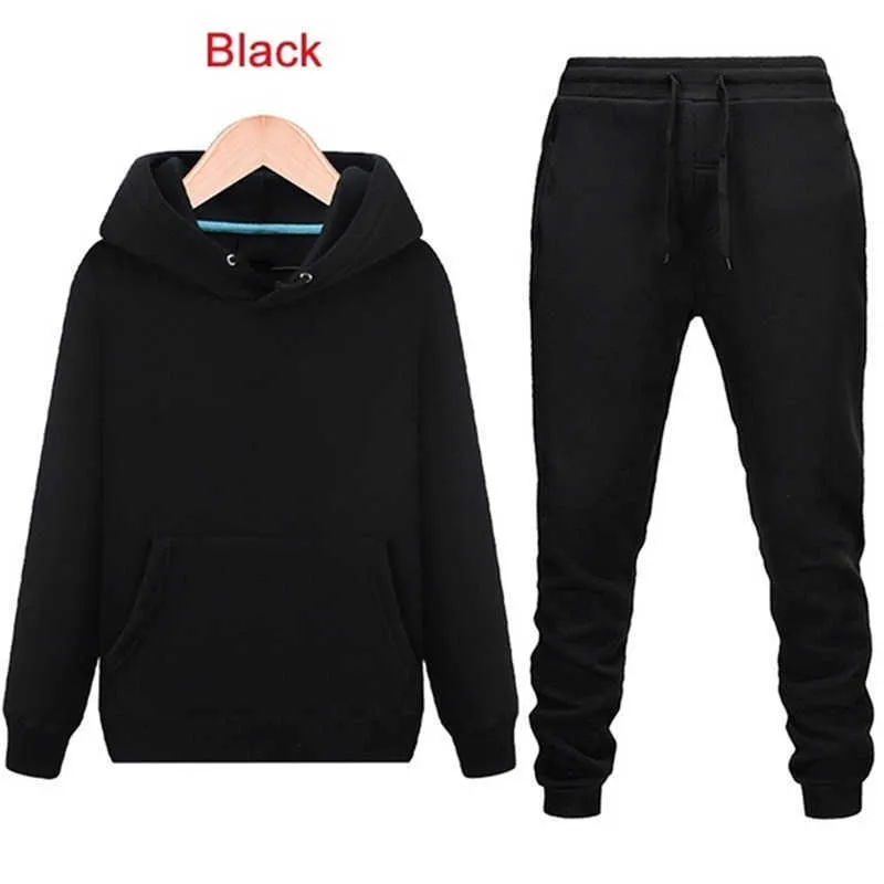 Men's Tracksuit 2 Piece Plain Hoodie Sets Male Street Clothing Wholesale Ropa Hombre Pullover with Outfits Pants Trousers Suit 211006