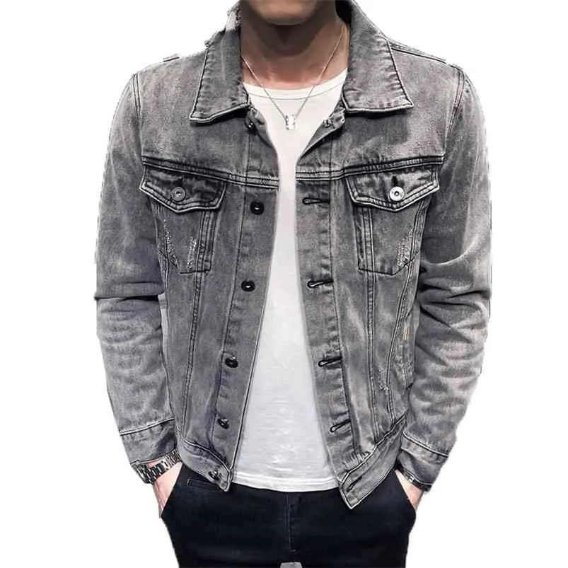 Jeans Jacket Men Fashion Hole Retro Motorcyle Basic Coat Male Streetwear Bomber Denim Cowboy Men's Casual Coats 210819