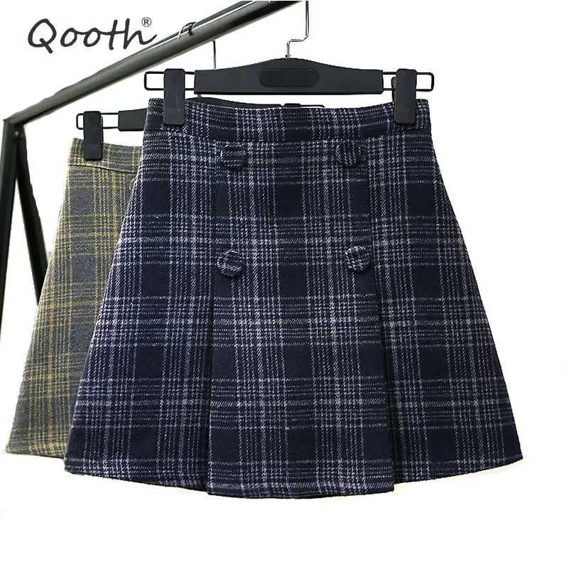 Qooth Skirts For Women Ulzzang Autumn Winter Harajuku Woolen Plaid Retro Short Skirt Girl Cute Japanese Kawaii Skirt QH1645 210518