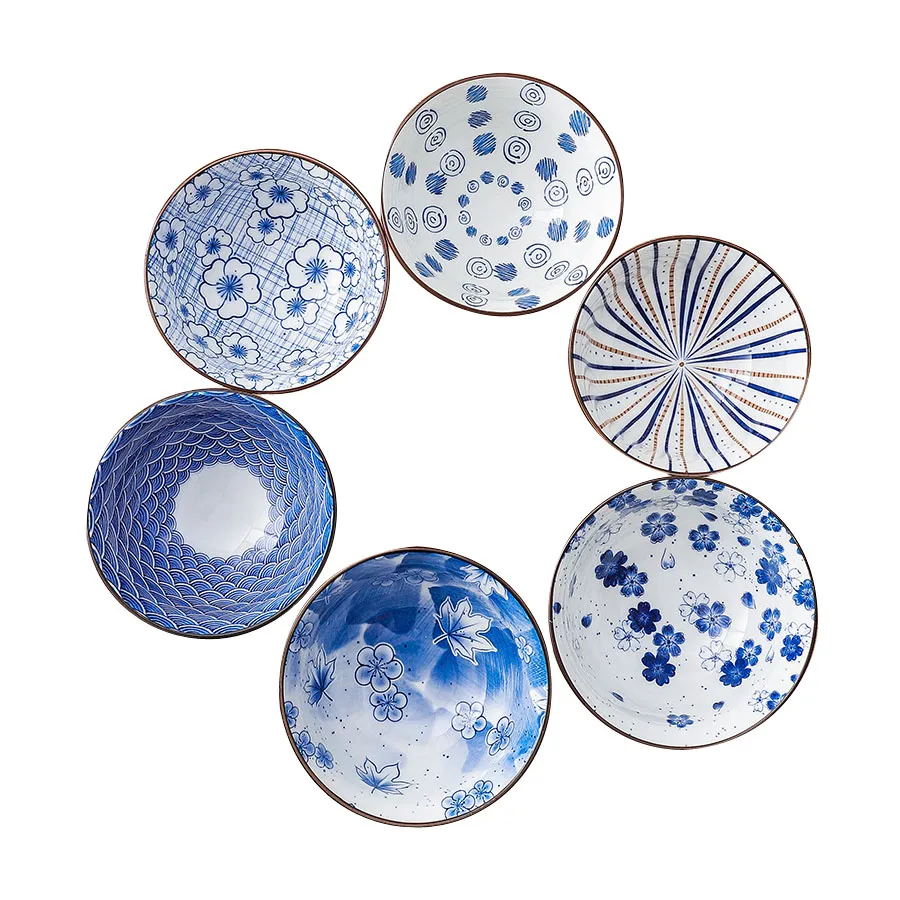 Estilo japonês de estilo azul e branco tigela de arroz vintage Padrão floral de ondas marinhas de 5 polegadas tigela de porcelana para restaurante de sushi em casa 14 onças