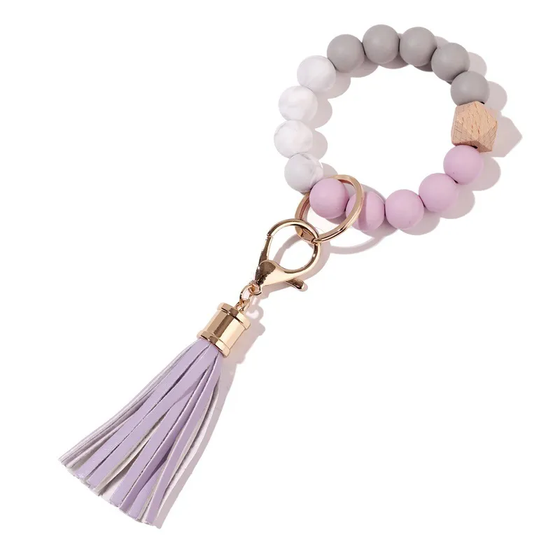 tassels wood bead keychain Silicone Beads Bracelet Party Favor Leather key ring Food grade silicon Wrist Keychains Pendant HHC7598