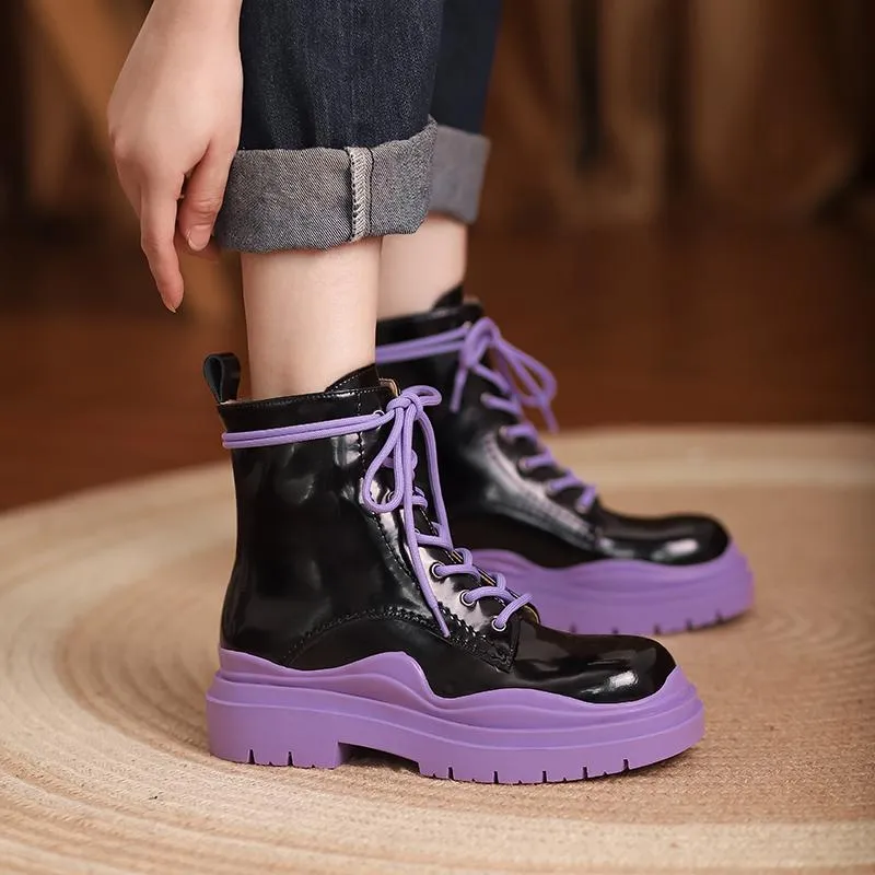 Laarzen vrouwen echt leer 22-25 cm enkel natuurlijke vorm bodem ronde teen film-gecoate zijplatformschoenen