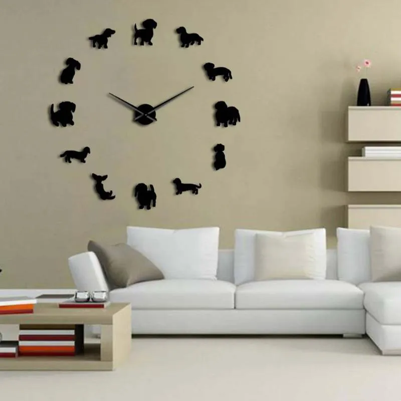 Horloges murales DIY Teckel Art Wiener-Dog Puppy Dog Pet sans cadre horloge géante avec effet miroir saucisse grande montre