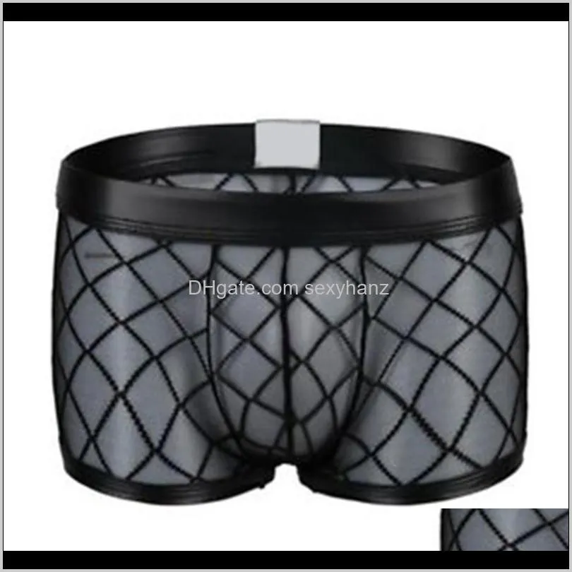 sexy breathable thin boxer black men mesh transparent see through u-convex underwear lingerie gay wear pants