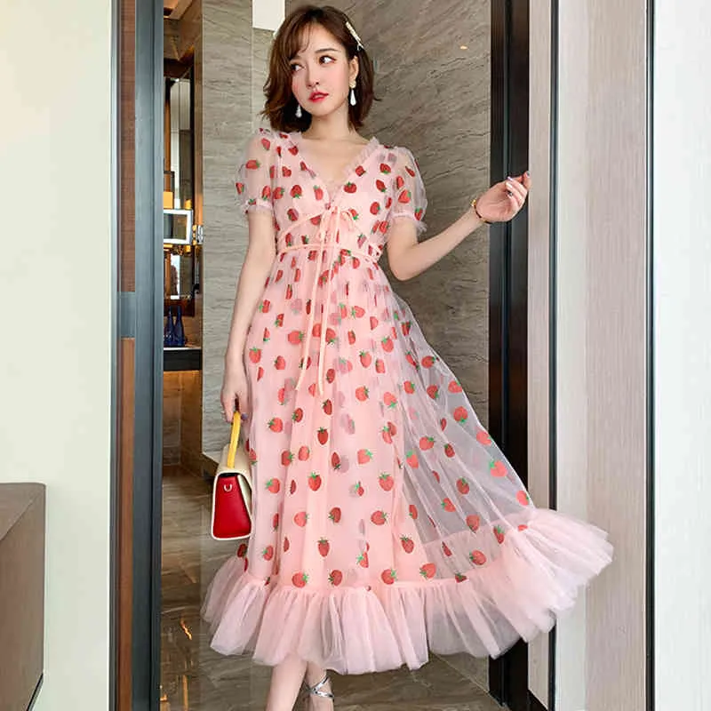 Runway Rhinestone Diamonds Strawberry Pink Mesh Maxi Dress Women Short Puff Sleeve Sexy V-neck Lace-up Bow Tunic Lolita Dress (21)