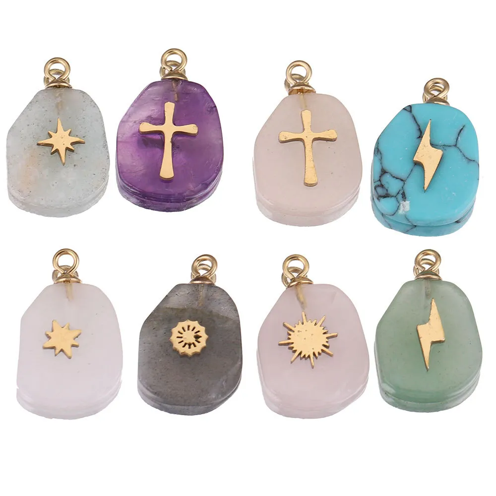 Natural Stone and Stainless Steel Gold Charms Pendants Pink Quartz Pendant DIY earring Necklaces Jewelry Making