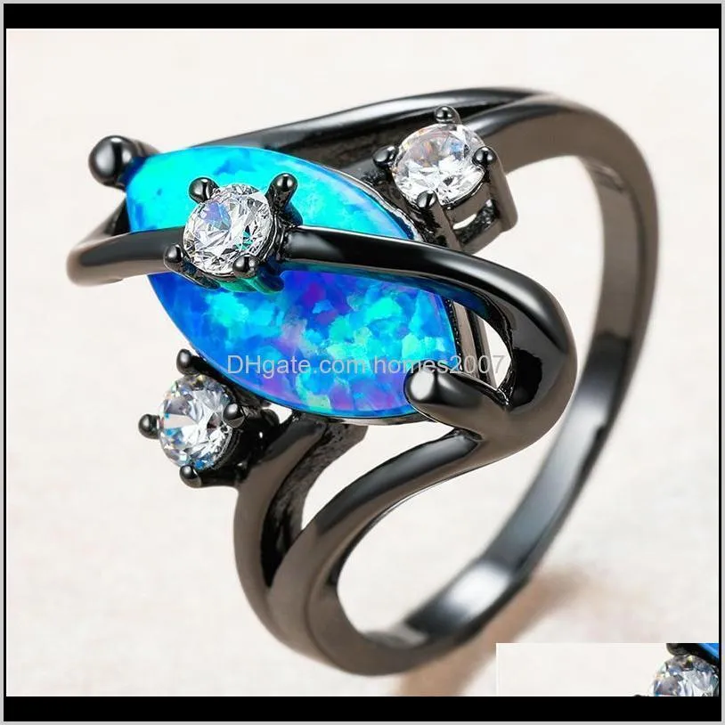 vintage female blue leaf opal ring charm 14kt black gold thin wedding rings for women luxury bride round crystal engagement