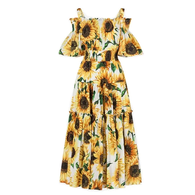 Zomer Runway Sunflower Printed Dames Cold Cut Out Off Shoulder Slash Hals Floral Print Sundress Holiday Long Dress 210416