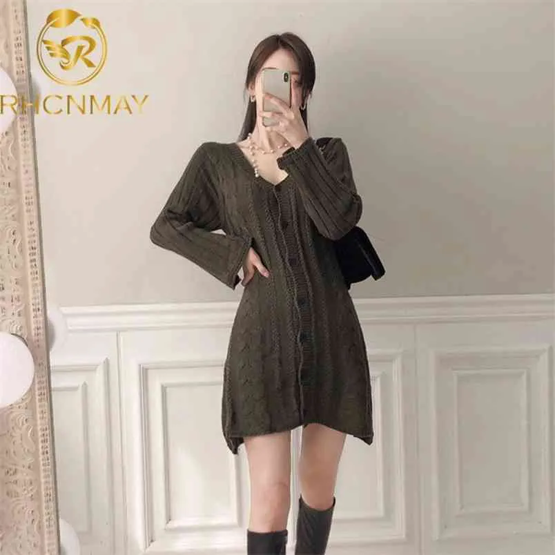 Spring Autumn V-Neck Jersey Dress Knitted Sweaters Women Elegant Slim Fashion Long pagoda sleeve Mini Skirt 210506