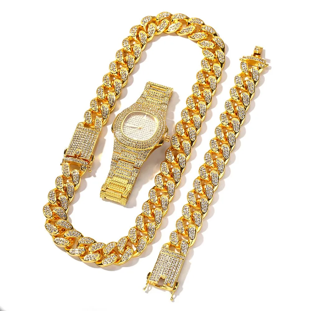 3pcs Necklace +Watch+Bracelet Hip Hop Miami Curb Cuban Chain Gold Full Iced Out Paved Rhinestones CZ Bling For Men Jewelry