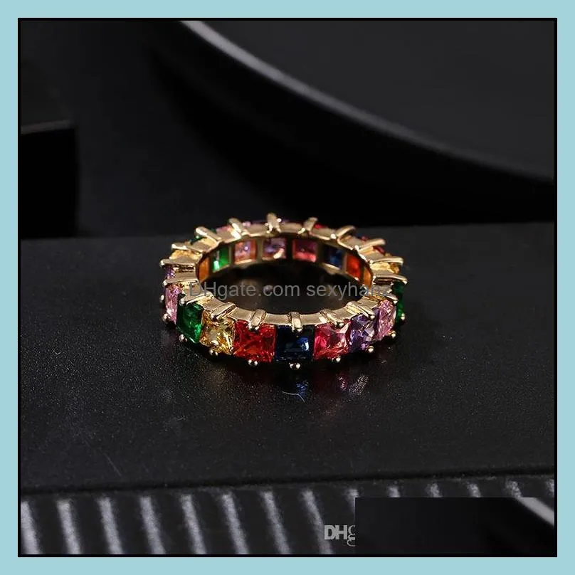 Women Men 6-9 Gold Plated Rainbow Love Rings Wedding Ring Micro Paved 7 Colors Flower Jewelry Lover Gift