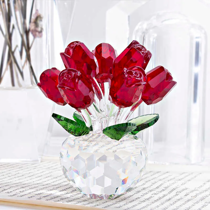 HD Crystal Red Rose Figurine Art Glass Spring Bouquet Dreams Ornament Home Wedding Decor Souvenir Regalo da collezione per lei / mamma 210728