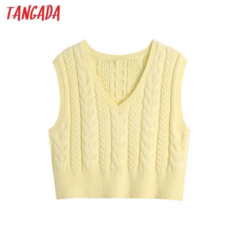 Tangada Women Yellow Twist Strickpullover weibliche schicke ärmellose Weste Pullovers lässig Streetwear Tops BE220 210609