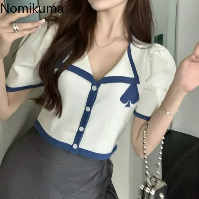 Nomikuma Contrast Color Graphic Trójniki Kobiety Single Breasted Krótki Rękaw Koszulki Seksowna Moda Crop Topy Koreańskie Tshirts 3B864 210514