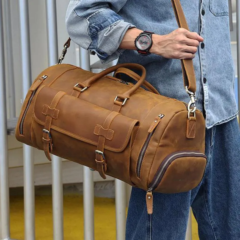 Bolsas de lona Crazy Horse Leather Overnight Bolsa de fin de semana Equipaje de viaje de moda Duffle Luxury Men Brown Coffee