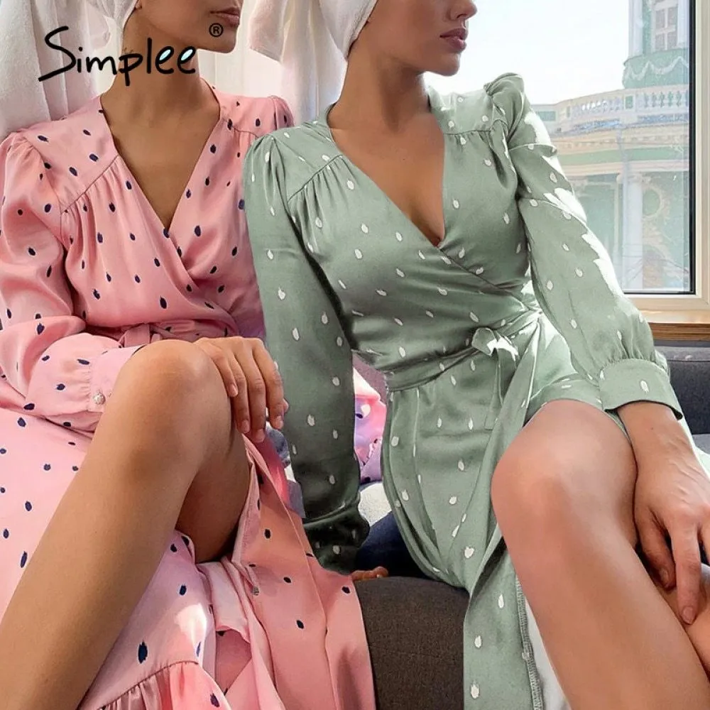 Bolinhas mulheres elegantes manga comprida vintage verde vestido vintage v-pescoço faixa ruas wrap vestido wear wear 210414