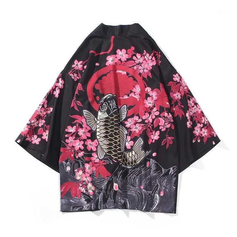 # 4238 Летние мужчины кимоно пиджак черный белый половина рукава 3d печать японский стиль ретро кардиган пальто мужской винтаж хараджуку