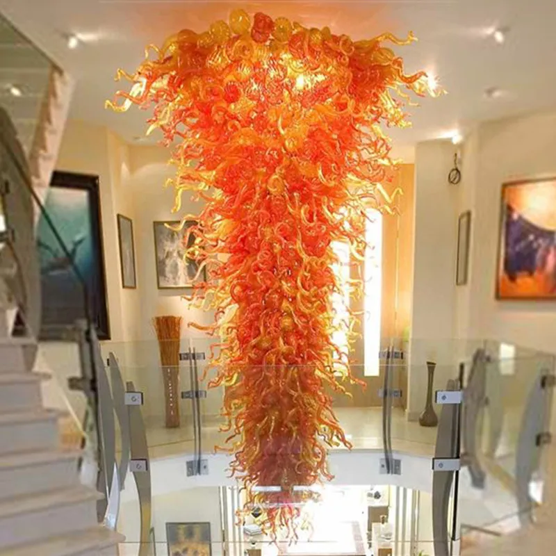 Orange Shade Suspension Mouth Blow Glass Grand Lustre Décoration Contemporaine Fait Main Arabe Lustres Éclairage Personnalisé 2 Mètres De Long