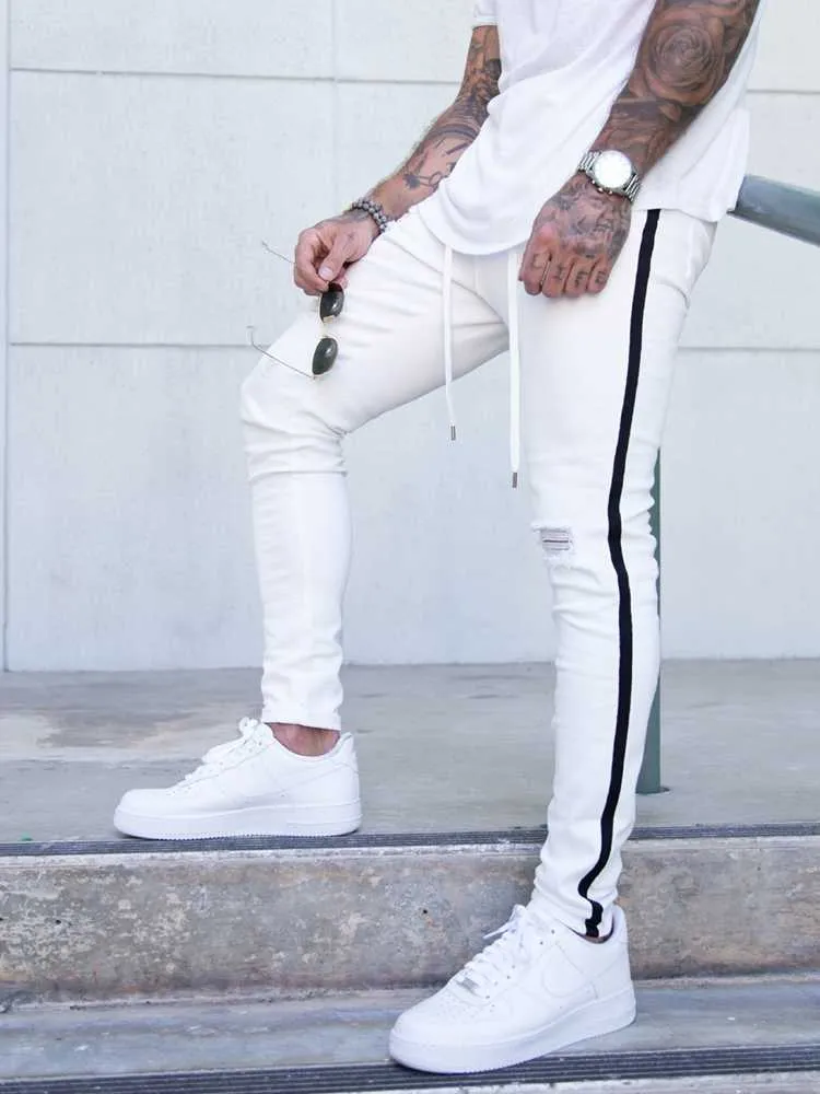 Män Skinny Ripped Jeans Biker Destroyed Frayed Denim Side Stripe Pencil Pants Hip Hop Streetwear Jeans S-4XL X0621