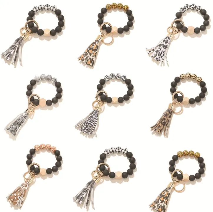 Black Frosted Wooden Bead Bracelet Keychain Party Favor Fashion Pattern Tassel Pendant Bracelets Women Girl Key ring Wrist Strap 7 Colors SN3330