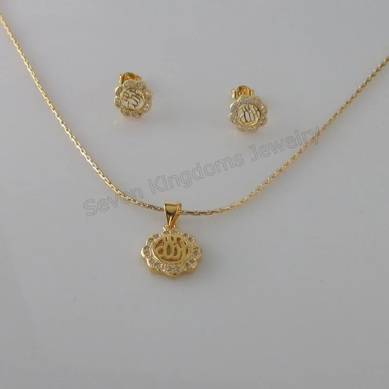 Orecchini Collana Ordine minimo 10 $ MUSLIM GOD MIDDLE EASTERN ARAB - ORO GIALLO GP OVERLAY 18" ORECCHINI SET CZ PIETRA A FORMA DI FIORE