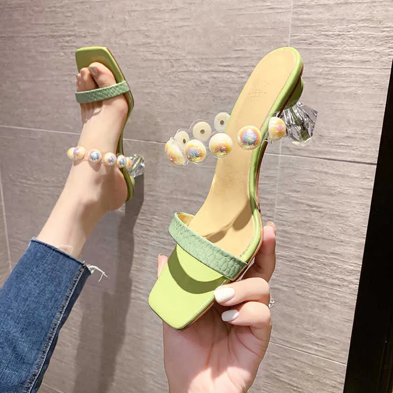 Rimocy Fashion Pearl Strap Spike High Heels Slippers Women Summer Square Toe Crystal Sandals Woman Pu Leather Party Shoes Ladies 210528