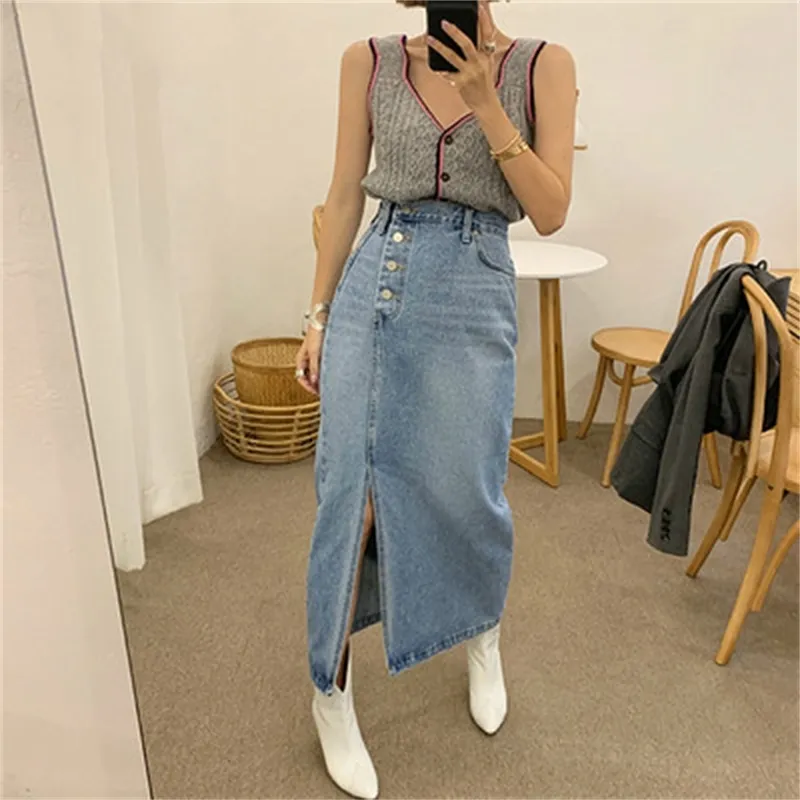 Korea New Denim Skirts Fashion Split Long Skirts Solid Party High Waist Jeans Skirt for Women 210421
