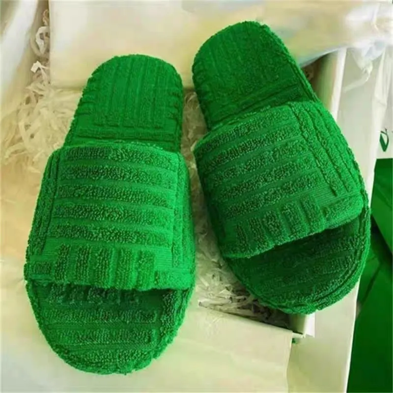 Dames Mode Slippers Groene Handdoek Slippers Luxe Designer Dikke Bottom Furry Womens Schoenen Home Outdoor Mueller Sexy Warme Slipper