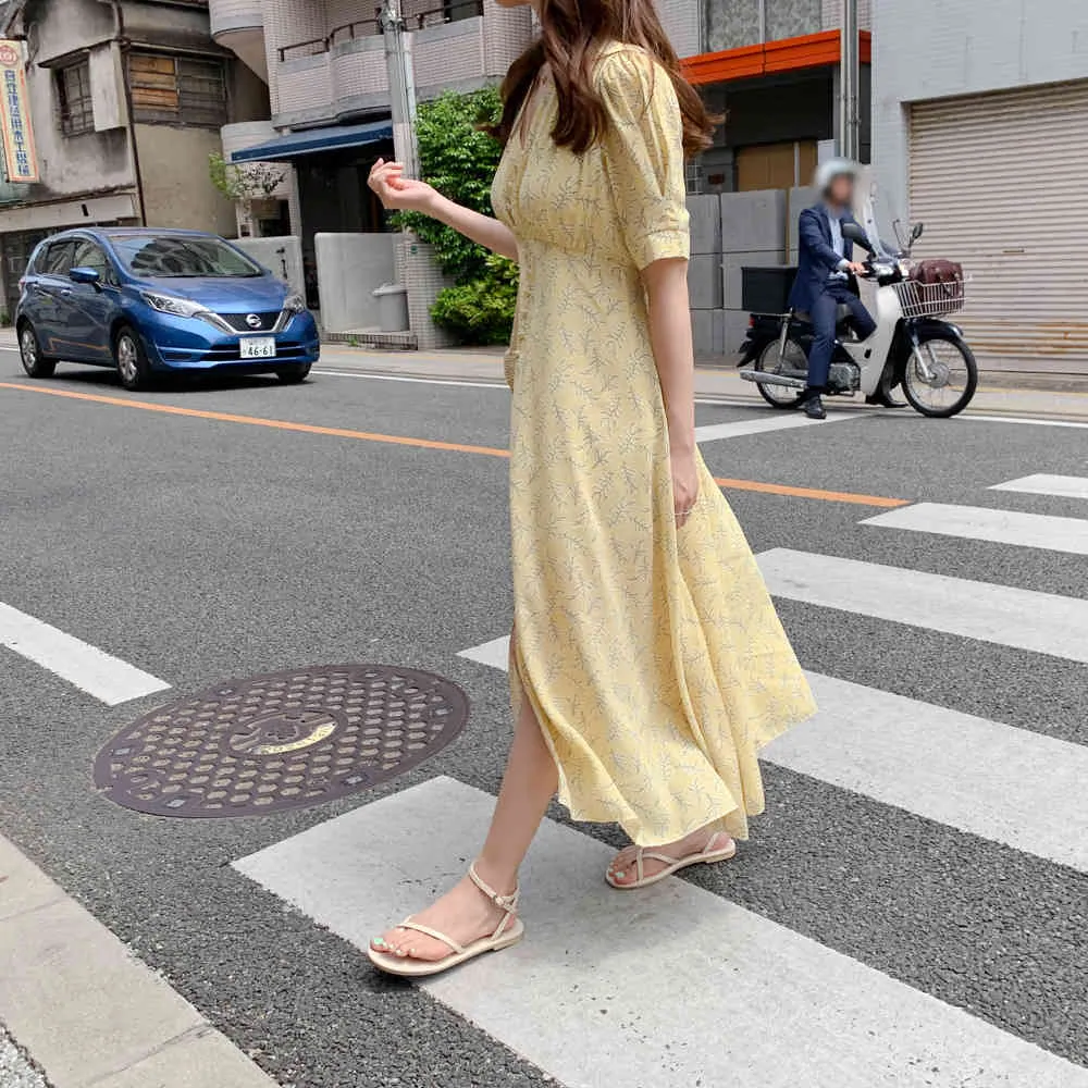 プラスサイズの夏の女の子のボーパーティーシフォン女性ヴィンテージドレス黄色いプリント半袖女性のドレスローブvestido 210417