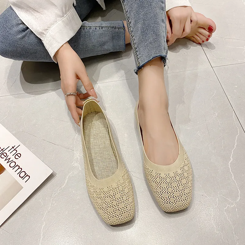 Beste kwaliteit stretch gebreide stof schoenen holle stof ballet flats patchwork nieuwe vrouwen platte hak antislip ademende loafer vrouwelijk