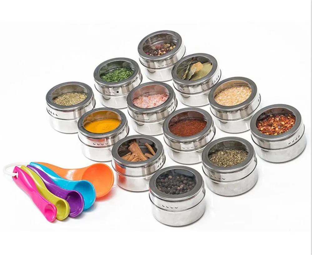 Atacado Herb Spice Tools Jarras Magnética Aço Inoxidável Shaker Round Storage Tank Conjunto de ervas na geladeira e grill