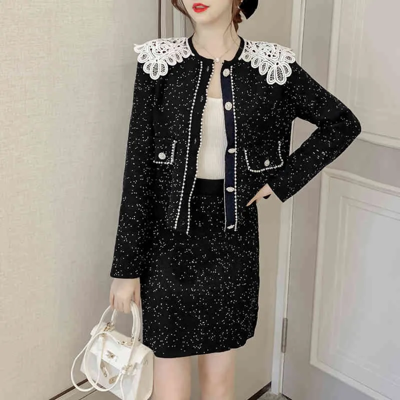 Sweet Lace Peter Pan Collar Long Sleeve Beaded Pearls Button Cardigans A-line Skirt 2pcs Knitted Suits Autumn Trendy Jumper Set 210416