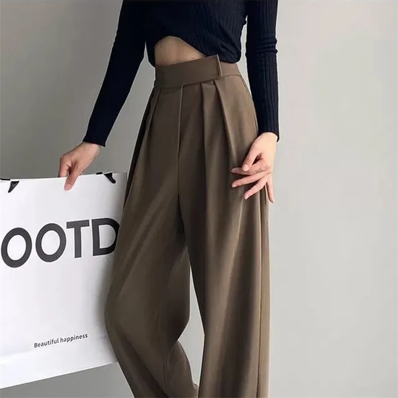 HOUZHOU Brown Wide Leg Women's Classic Suit Pants Vintage Palazzo Office Elegant Casual Balck Trousers Female High Wasit 211115