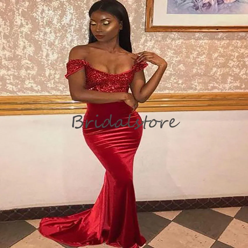 Elegant Red Velvet Mermaid Evening Dress 2021 Off The Shoulder Black Girls Sequin Prom Dresses Tight Slim African Women Formal Party Robes De Soirée