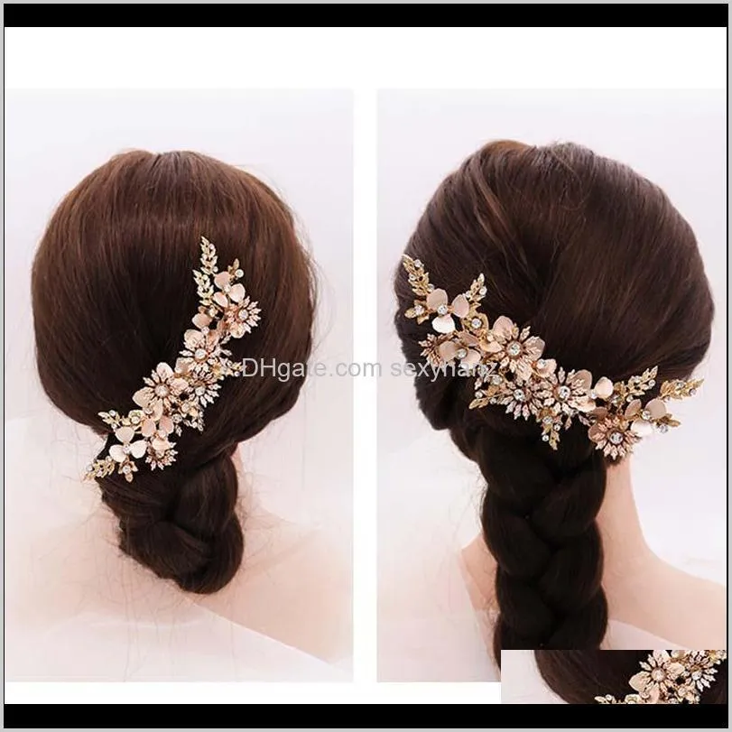 bride wedding hair grip handmade rhinestone hairpin retro gold flower leaves hair clip headpeice headband accessories vl