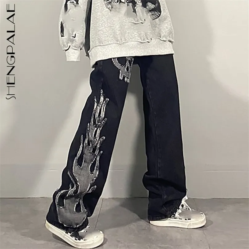 SHENGPALAE Dark Streetwear Wash Jeans Damen Frühling Hohe Taille Trendy Straight Tube Wide Leg Skeleton Denim Hosen 211129