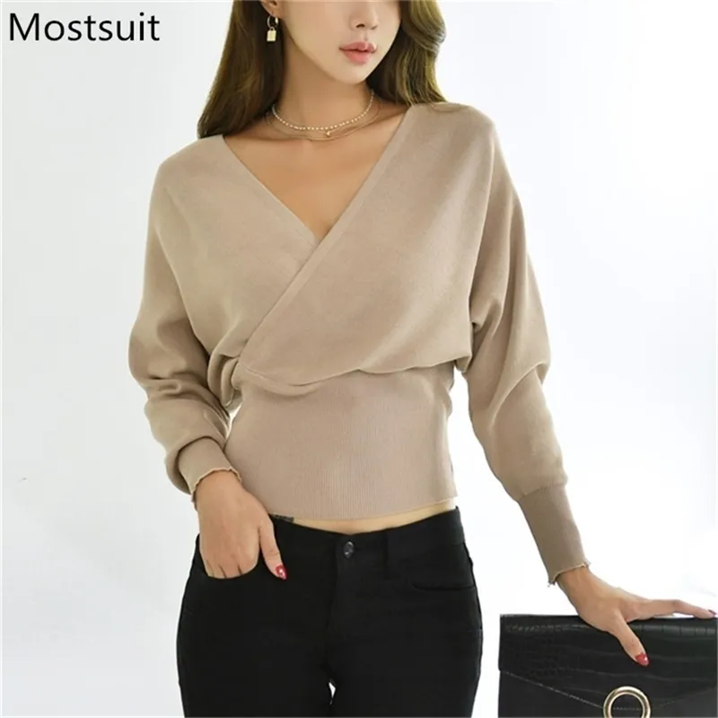 Koreanska V-Neck stickade pullovers tröjor Kvinnor Höst Långärmad Sexig Tillbaka Öppna Toppar Solid Fashion Ladies Jumpers Femme 210513