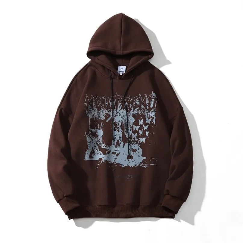 Koyu Sokak Giyim Retro Grafik Baskı Kahverengi Erkek Hip Hop Hoodies Kazak Vintage Giysiler Kadın Kapşonlu Sweatshirt Manga Larga 211023