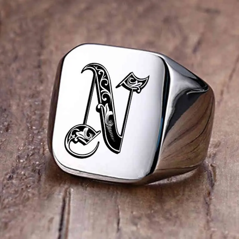 Anillo de sello con iniciales Retro Vnox para hombre, 18mm, sello pesado voluminoso, banda masculina, letras de acero inoxidable, joyería personalizada, regalo para él