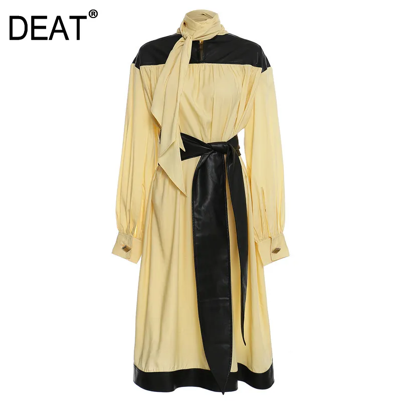 女性の黄色いRuched Sashes大きいサイズのMidi Dressのパイル襟長袖緩いフィットファッション潮春秋SF674 210421