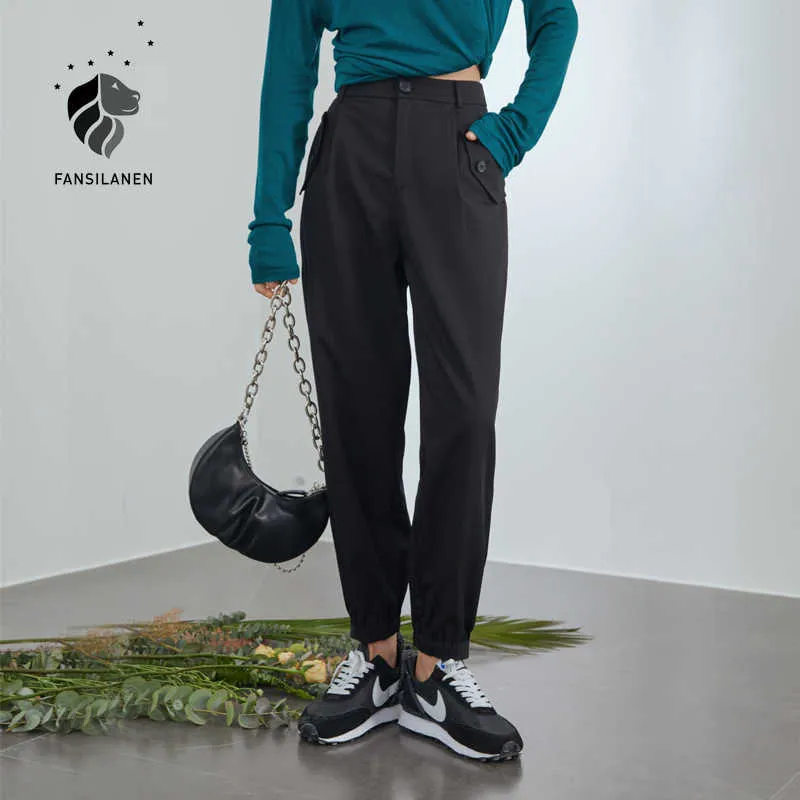 Fansilanen casual streetwear preta carga calça bolso alta cintura feminina primavera solta elegante calças inferiores 210607