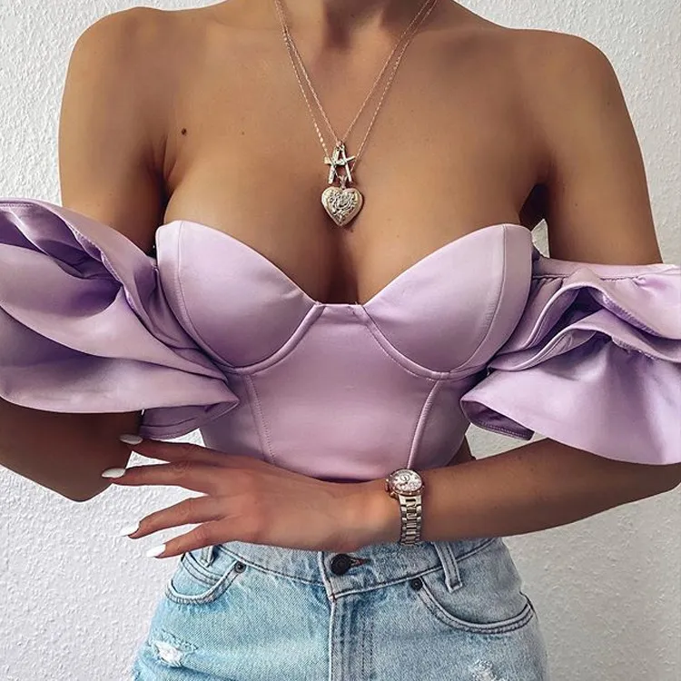 Summer Crop Tops Kvinnors NS Sexiga Pläterade Lotus Leaf Sleeves One Word Shoulder Navel Sladd Top Kvinna 210422