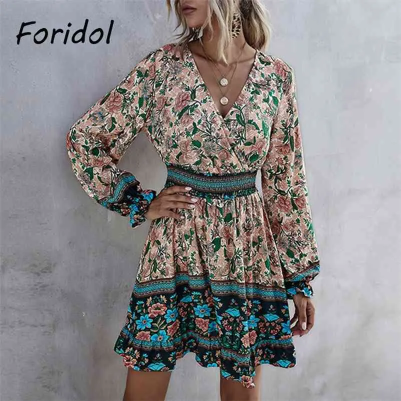 Foridol Floral Imprimer Robe Bohème Casual Manches Longues Summer Beach Style Robe Courte Femmes Femme Élégante Mini Robes 210415