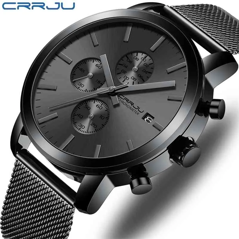 Męskie zegarki CrRju Zegarki Chronograph Wodoodporna Data Analogowy Quartz Moda Biznes Wrist Watches dla mężczyzn Relogio Masculino 210517