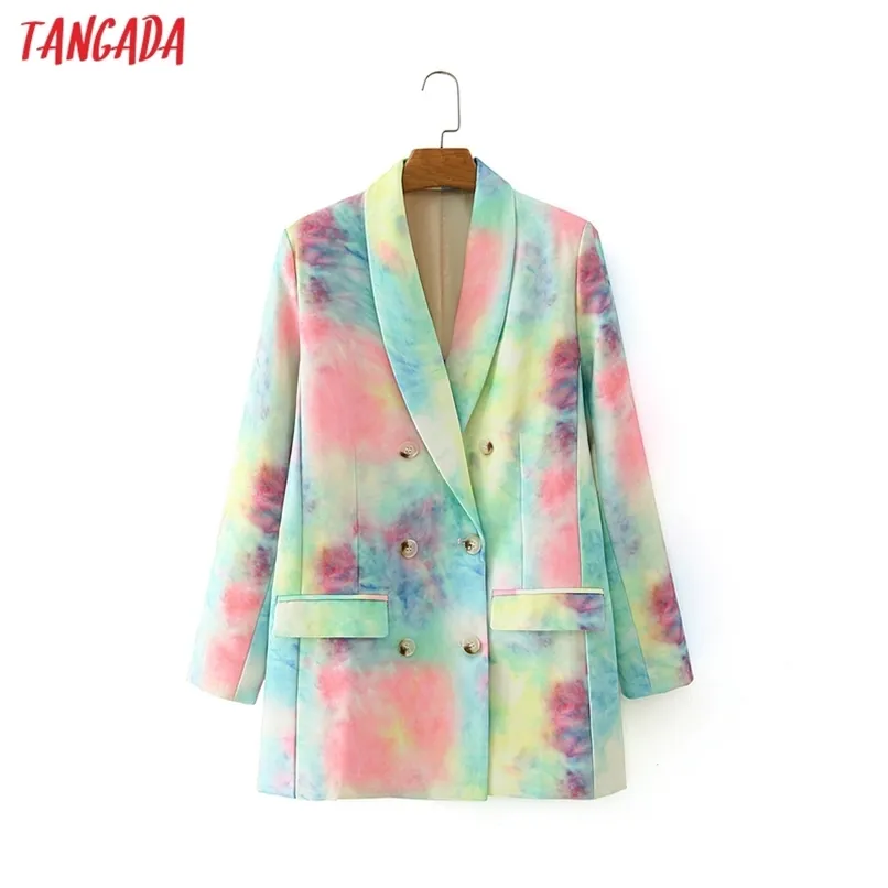 Tangada Koreaanse stijl vrouwen kleurrijke stropdas dye blazer jas vintage dubbele breasted lange mouw vrouwelijke bovenkleding chic tops da129 210930