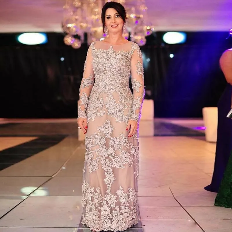 Z Długim rękawem Matka panny młodej Sukienki Arabski Sheer Szyi Formalny Godmother Wieczór Wedding Party Guests Gown Plus Size Custom