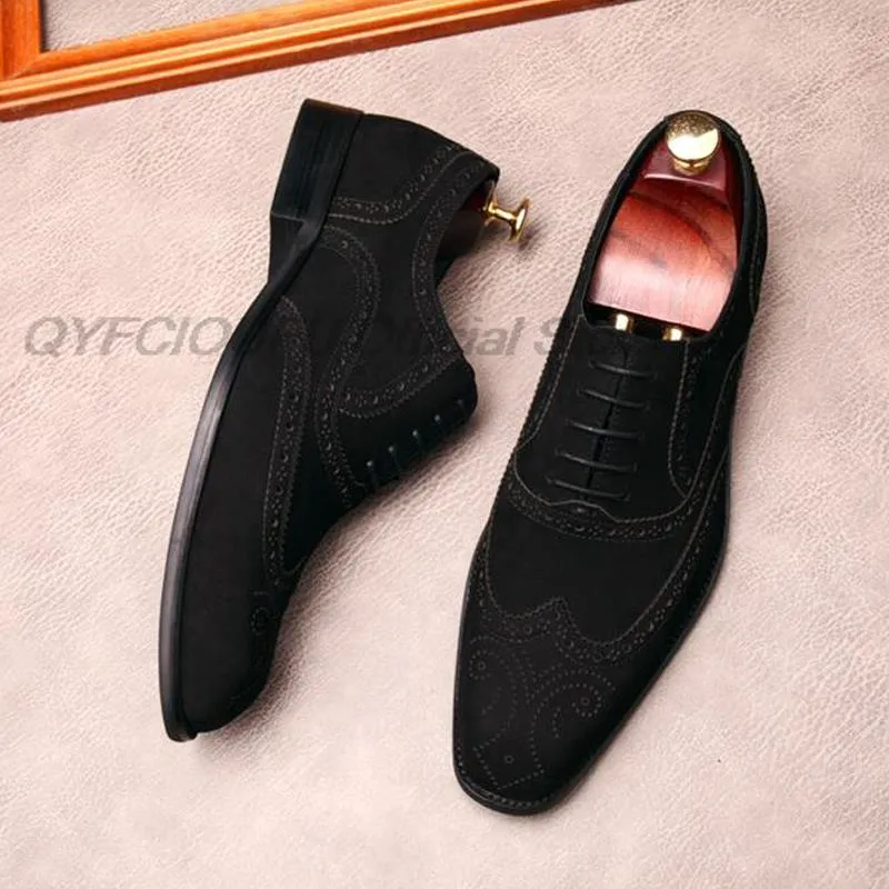 Luxury Suede Mens Brogue Oxfords Dress Shoes Genuine Cow Leather Black Pointed Toe Lace Up Male Formal Footwear Wedding Party
