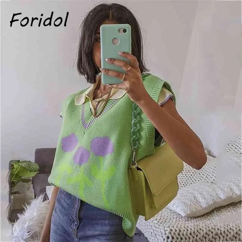 Floral Print Gebreide Mouwloze Trui Vest Lente Herfst V-hals vest Pullovers Green High Fashion Vintage Tops 210427