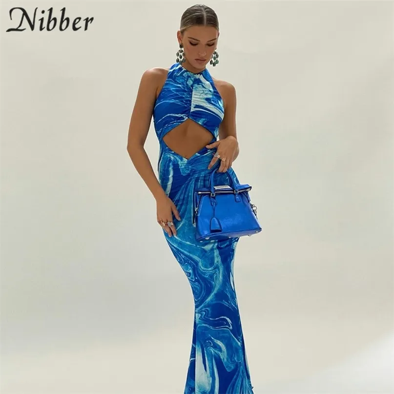 Nibber Y2k Sexy plage moulante robe évider épaules nues dos nu imprimé cravate colorant bleu Maxi été 220308