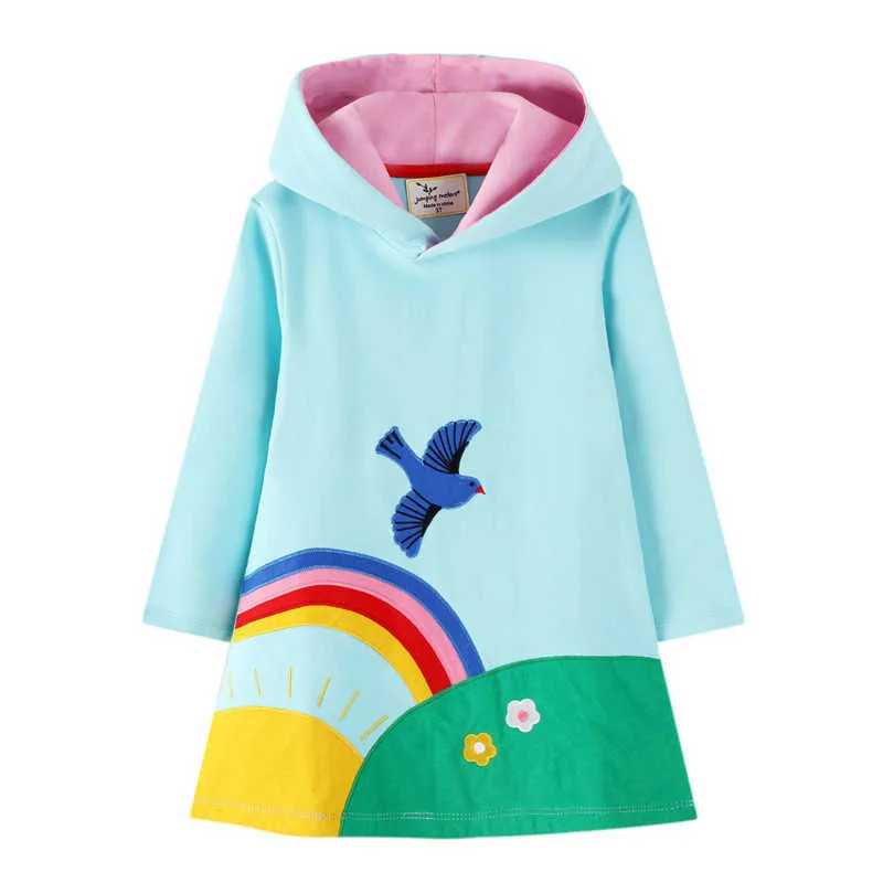 Hoppmätare Bomull Barnflickor Bird Hoodies Klä Långärmad Barnens Tjejs Fancy Rainbow Dresses Baby Hooded Kläder 210529